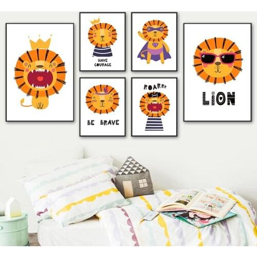 Lion Crown Sunglasses Cloak Brave Quote Cartoon Wall Art Canvas Painting Nordic Poster And Prints Wall Pictures Kids Room Decor