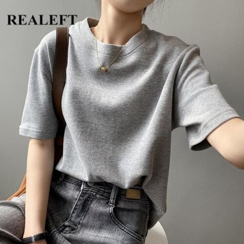 REALEFT Summer 2021 New 100% Cotton Womens T-Shirts Solid Bottoming O-Neck Short Sleeve Fashion Female Loose Shirts Tops Grey