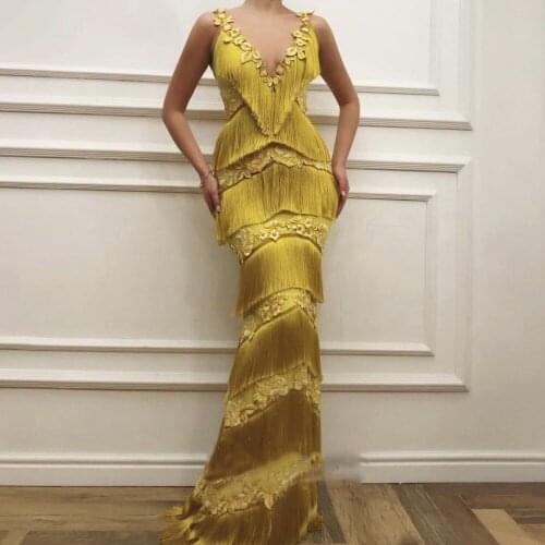Gala jurken New Prom Dress Tassel abendkleider Formal Gowns vestidos de gala Appliques Sheath Prom Dresses Spaghetti Customized