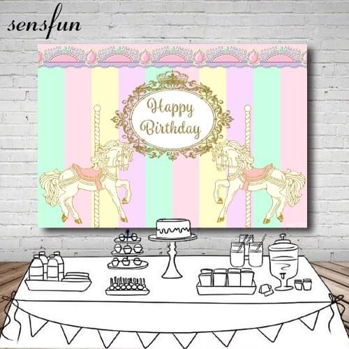 Sensfun Girls Happy Birthday Backgrounds For Photo Studio Carousel Pink Mint Purple Yellow Gold Frame Photography Backdrop Vinyl