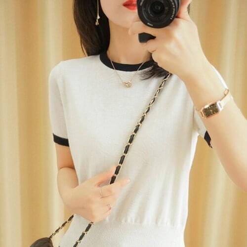 T-shirt women 2021 summer new pure cotton knitted sweater short-sleeved casual stitching pullover ladies tops round neck tees