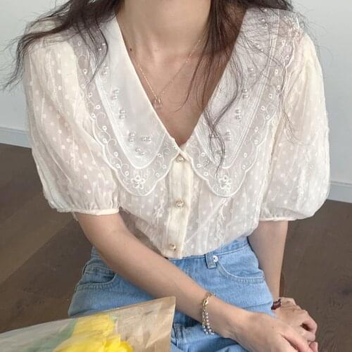 QOERLIN Pearl Embossed Pleated Puff Sleeve Top Blouse Female 2021 Summer French Embroidered Doll Collar Short Sleeve Shirt Women