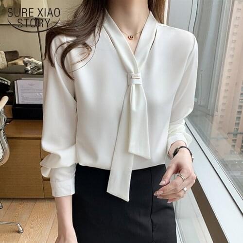 2021 New Fashion Chiffon Women Blouse and Tops Office Long Sleeve White Women Shirts with Tie V Neck Loose Female Clothing 13022