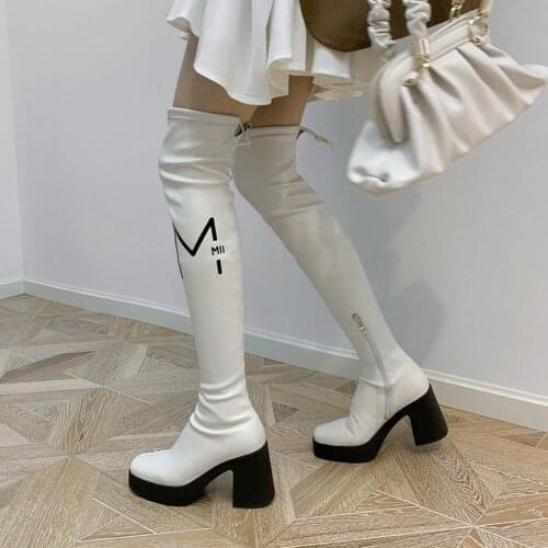 Womens Round Toe Platform Over The Knee Boots Block High Heel Shoes Chunky Punk Motorcycle Long Slim Black White