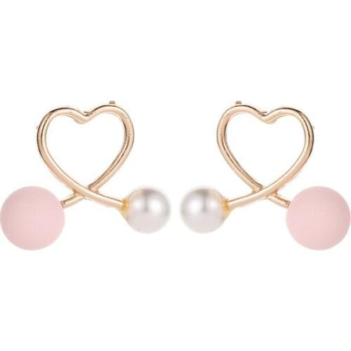 Metallic Line Crossed Love Heart Shaped Sweet Pink White Simulated Pearl Beads Golden Silver Plated Stud Earrings For Women