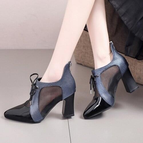2021 New Woman Mesh High Heels Square Sexy Hollow Out Womens Pumps Summer Work Shoes For Female Pointed Toe Blue Wine Red