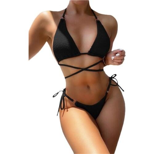 Women Sexy Padded Bikini Set Solid Black Brown Halter Neck Bikini Tops And Tie Up Shorts Swimsuits Set Summer Holiday Swimwear