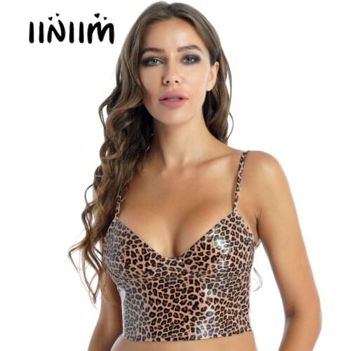 Womens Leopard Print Rave Crop Top Patent Leather Sexy Clubwear Adjustable Spaghetti Strap Zipper Back Camisole Sleeveless Vest
