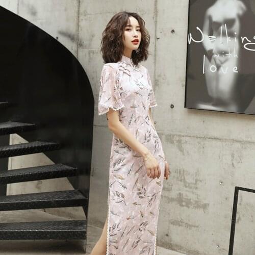 Qipao Pink Chiffon Cheongsam Dress Large Size China Traditional Cheongsams Girl Long Oriental Dress Woman Costume Chinese Dress