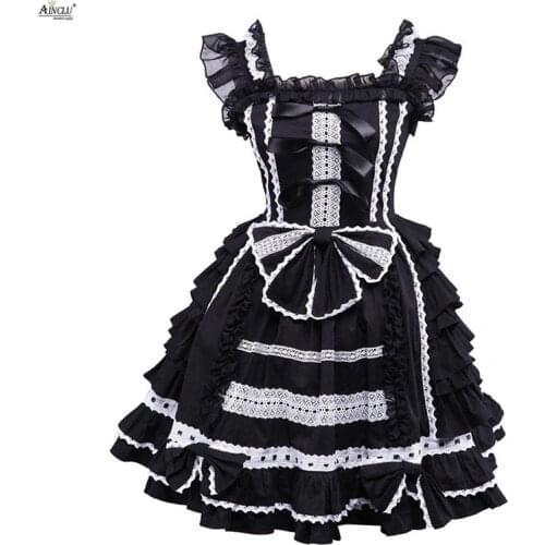 Women Lolita Dress Black Cotton Sleeeves With Chiffon Bandage Lace Cotton Gothic Cosplay Lolita Dress Party Club XS-XXL Ainclu