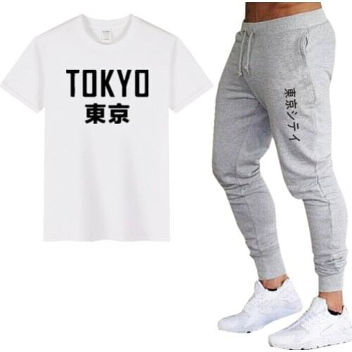 2019 Summer Hot Sale Mens Sets T Shirts+pants Two Pieces Sets Japanese Tokyo Casual Tracksuit Male Tshirt Gyms Fitness Trouser