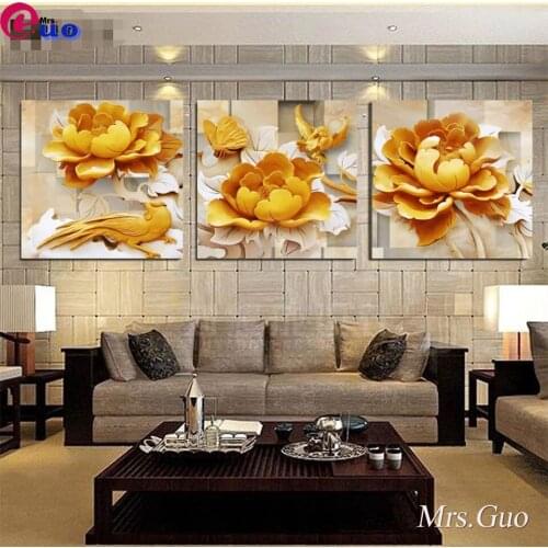 Diy Diamond Painting 3 Panel Golden Flower Home Decor Full Square Round Drill 5D Embroidery Cross Stitch Mosaic Wall Art