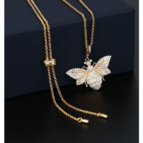 Fashion Gold Color CZ Bee Pendant Necklace Chain For Women Jewelry Gift
