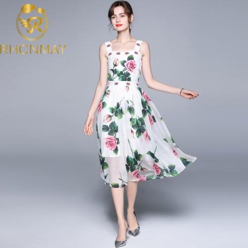 Designer Summer Rose Floral Printed Midi-long Dresses For Women Elegant Party Night Spaghetti Strap White Beach Woman Dress Robe