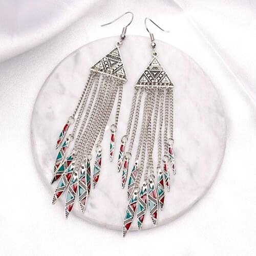 Ethnic Womens Geometric Alloy Long Chain Tassel Dangle Earrings Bohemia Triangle Alloy Drop Earrings Jhumka