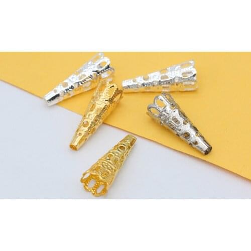 100p9x23mm Gold Silver Plated Long Cone Horn Spacer Bead Caps End caps Connector Tassel Earring Finding DIY Filigree Metal Beads