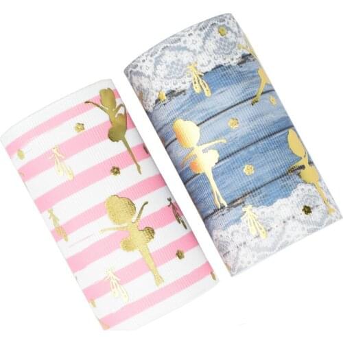 HSDRibbon 75mm 3inch Little dancer Pattern gold foil printed on Grosgrain Ribbon