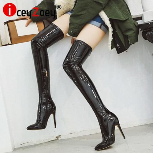 Coolcept Plus Size 33-46 Thigh High Boots Women Patent Leather Stretch Shoes Women Casual Zipper Winter Warm Slim Long Boots