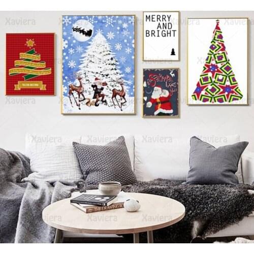 Merry Christmas Canvas Painting Nordic Print Art Wall Poster Christmas Tree and Santa Modular Painting Decoration Bedroom Mural