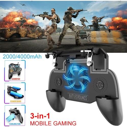 3 in 1 Mobile Gaming PUBG Trigger Controller Gamepad Shooter Trigger with Cooling Fan&2000mah/4000mah Power Bank for Smartphone