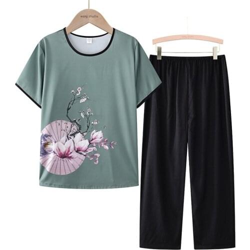 Plum Blossom Printing Summer Comfortable Mother Sleepwear Set Woman Colorful Out Wear Short Sleeve Casual Soft Pajama Home 4XL