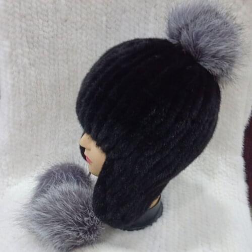 Real Mink fur Hat Women Knitted High Quality Ear Flap Mink Fur Cap With Natural Fox Fur Pompom Female Winter Warm Fur Caps
