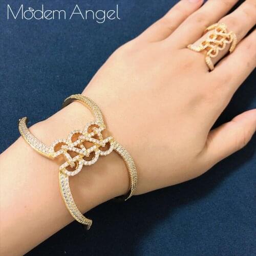 ModemAngel Luxury Delicate Line AAA Cubic Zirconia Luxury Super Copper Women Party Engagement Width Bracelet Bangle And Ring Set