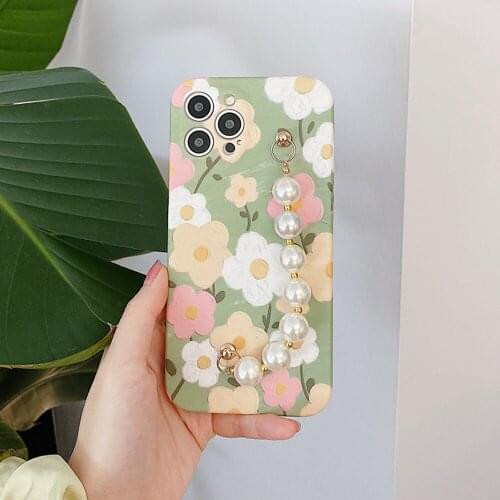 Fashion Pearl Wrist Chain Bracelet Flower Case For iPhone 12 11 Pro XS Max XR X 7 8 Plus SE 2020 White Pink Floral Green Cover