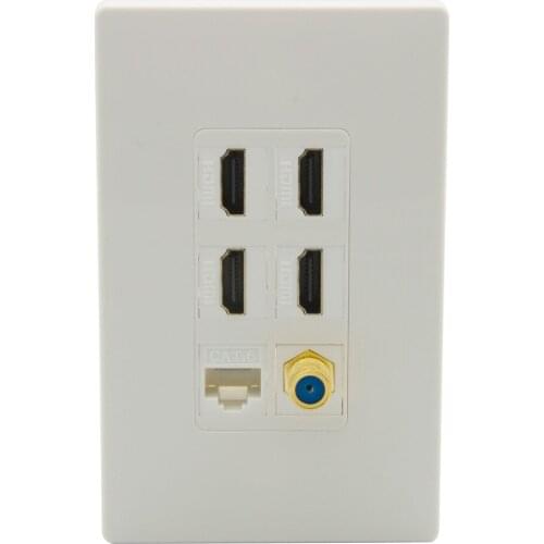 New Design 1 Gang No Screw Decorative Style 4 Ports HDMI V2.0 1 Port CAT6 RJ45 1 Port Coaxial F RG6 Wall Plate