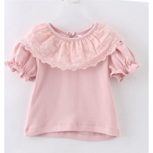 Sweet Princess Style Baby Girls Summer Solid Color Shirt Ruffles Lace Short Sleeve Soft Cotton Shirt Children Tops Outwear
