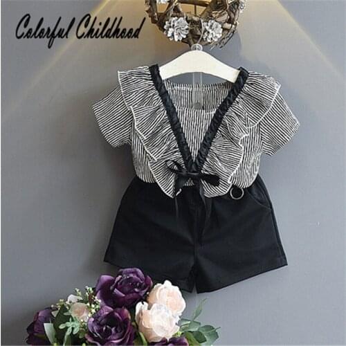 Ruffles collar princess girls clothing set short-sleeve stripe shirt+shorts 2pcs sets casual children clothes 2-7Yrs