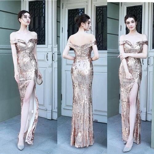 Sexy High Split Sequins Evening Dress Off Shoulder Backless Formal Party Dress Shining Mermaid Vestidos Robe Formal Dress