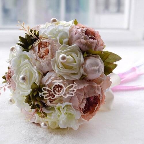 Vintage 3 Color Pink Purple Coffee Color Crystal Pearl Rose Wedding Bouquets Flower Bridal Bouquets With Silk Ribbon And Lace