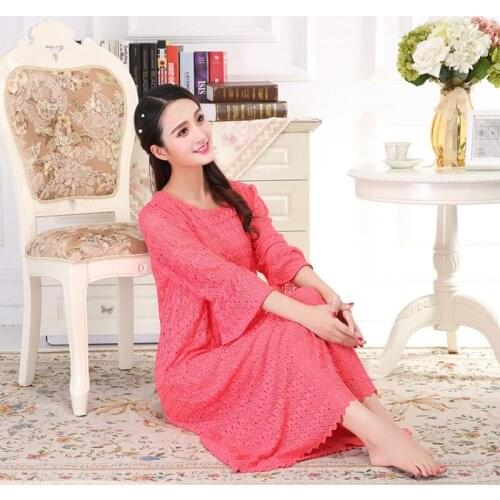 Spring And Summer Autumn Lady 100% Cotton Lace Bracelet Sleeves Loose Long Style Nightgown Lounge Intimate Lingerie Homewear