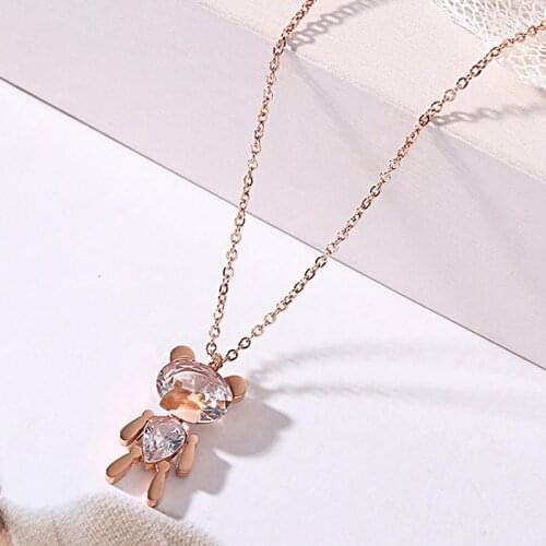 YUN RUO Fashion Crystal Bear Pendant Necklace Rose Gold Color Titanium Steel Jewelry Woman Birthday Gift Not Fade Hypoallergenic