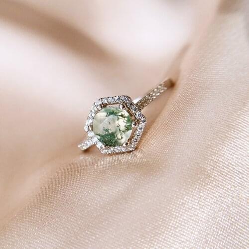 GZXSJG Natural Moss Agate Gemstones Ring for Women Solid 925 Sterling Silver Wedding Engagement Bride Unique Gift Fine Jewelry