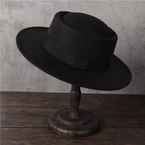 100% Wool Women Men Fedora Hat For Dad Black Pork Pie Hat Gentleman Flat Bowler Porkpie Top Jazz Hat
