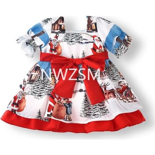 2021 Christmas print dress bow waist princess dress performance dress children dress girls Santa Claus dress