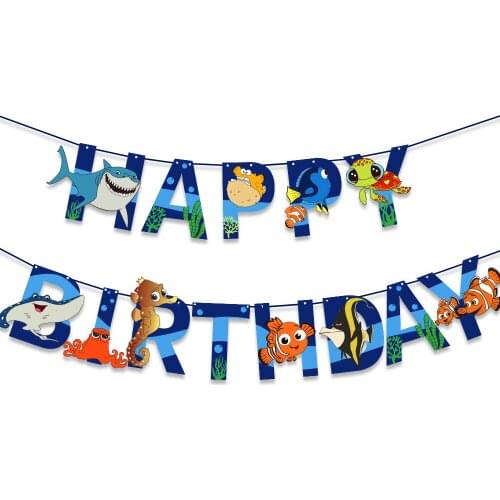 Cartoon Fishes Happy Birthday Banner Decoration for Under the Sea Themed Birthday Festival Party Supplies