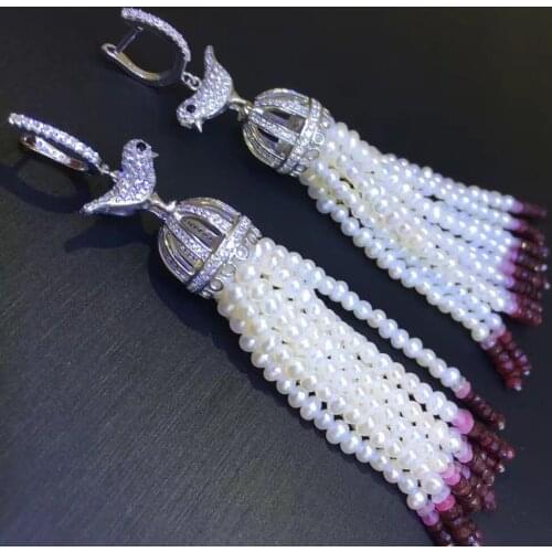 Long tassels drop earring 925 sterling silver wtih natural fresh water pearl and cubic zircon trendy fashion women jewelry bird