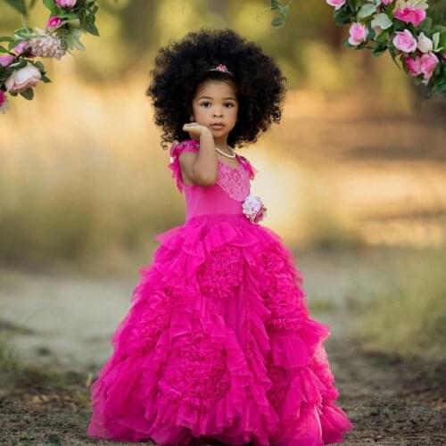 Fuchsia Flower Girl Dresses for Wedding Lace Appliques Ruffles Girls Birthday Party Gowns Pearls First Communion Dress