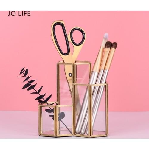 JO LIFE Gold Ironwork Glass Pen Holder Set Tabletop Cosmetic Storage Box Transparent Office Desk Stationary Organizer Rack