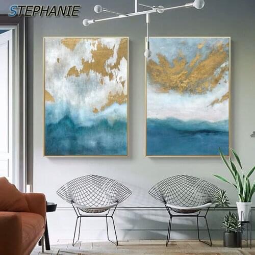 Romantic Abstract Golden Sunset Poster and Print Blue Sea Canvas Painting Wall Picture for Living Room Tableaux Muraux Moderne