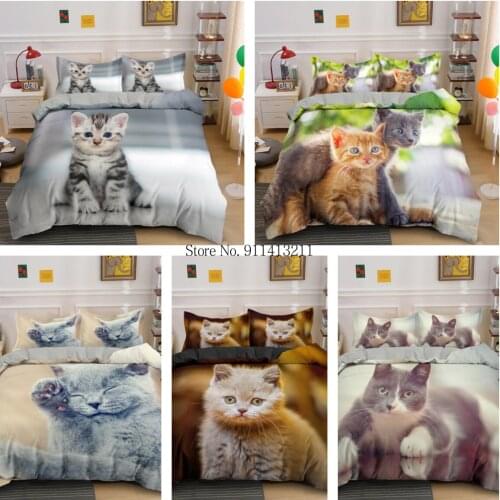 Lying Cat Soft Fabric Cute Pets Duvet Cover Bedding Set King Queen Twin Full Single Double Size Comfortable Kids Adult Bed Lines