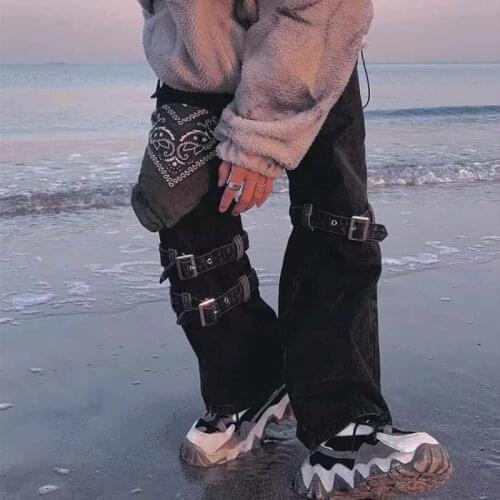 2021 Japanese streetwear hip-hop Gothic Men Bandage Straight Wide Leg Washed Denim Pants Male Women Rock Jeans Overalls Trousers