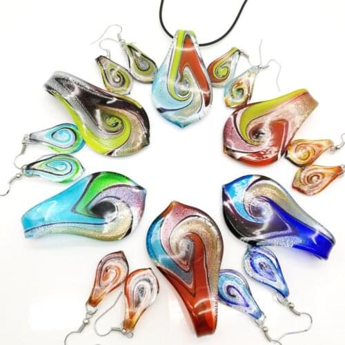 6 Sets Different Color Whirlwind Pattern Ribbons Glass Murano Pendant Necklace Earrings Set Chinese Style Colored Glaze Jewely