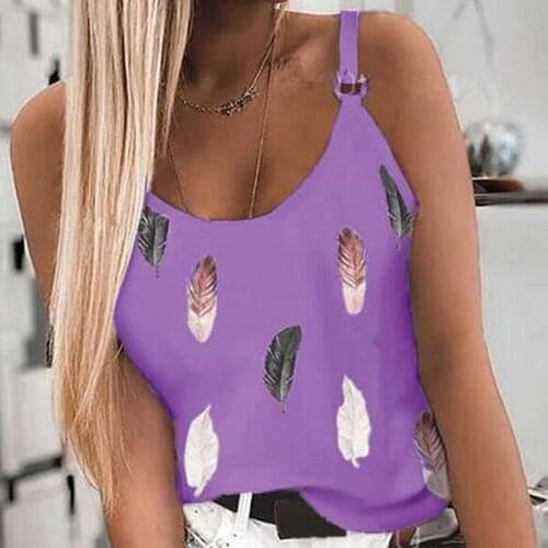 New Sexy Sleeveless Camis Summer Female Feather Print Camisole Sexy V Neck Fashion Casual Slim Vest Streetwear