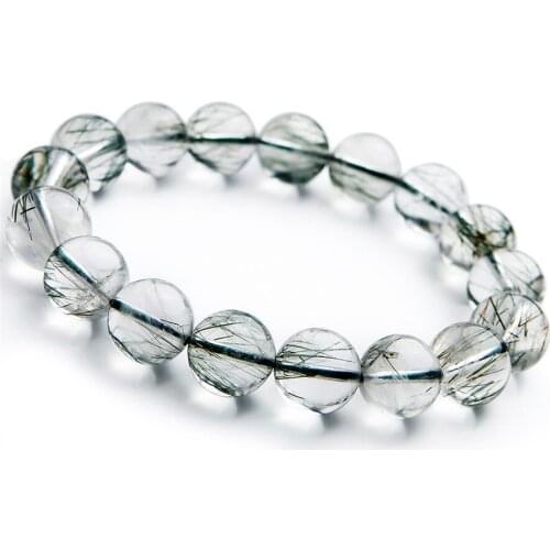 Genuine Women Men Stretch Clear Crystal Round Bead Bracelet 12mm Big Genuine Green Natural Rutilated Quartz Bracelet