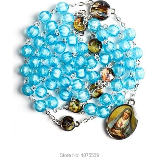 Blue Acrylic Bead Rosary Necklace Color Seven Sorrow Pendant Center Connector