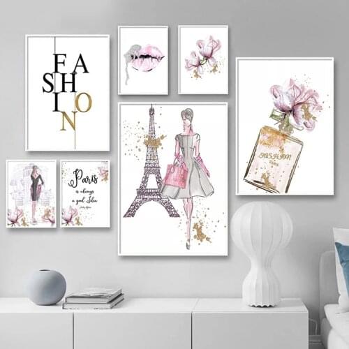 Pastel Paris Fashion Lady Canvas Poster Print Perfume Pink Flower Modern Vogue Wall Art Watercolor Decoration Home Wall Picture